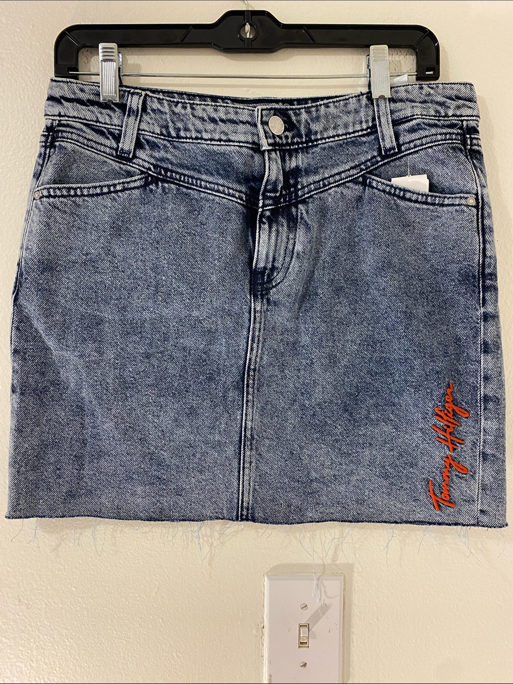 Tommy Hilfiger Acid Wash Denim Mini Skirt With Orange Logo